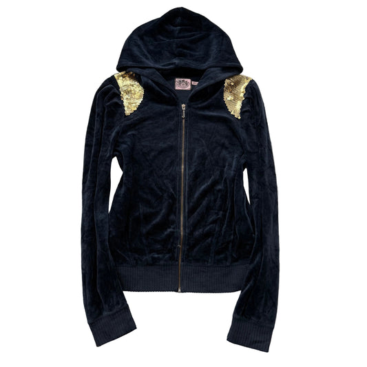 Juicy Couture Women's Navy Blue Velour Full Zip Hoodie Sequin Shoulders Size M