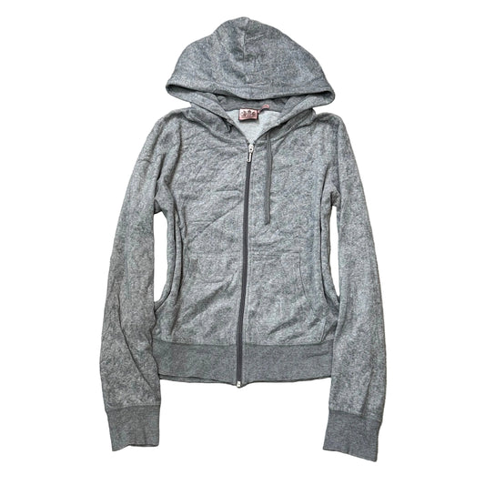 Vintage Juicy Couture Women's Gray Velour Zip-Up Hoodie Drawstring Pocket Size L