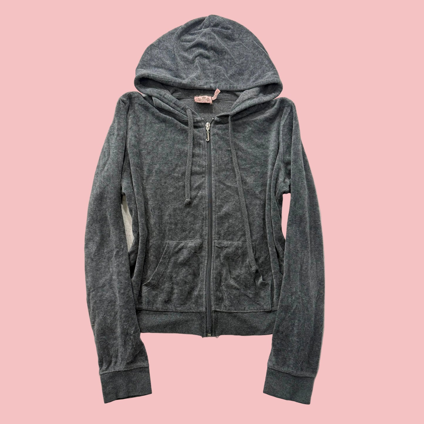 Juicy Couture Women Dark Gray Velour Zip-Up Hoodie Y2k Drawstring Pockets Size M
