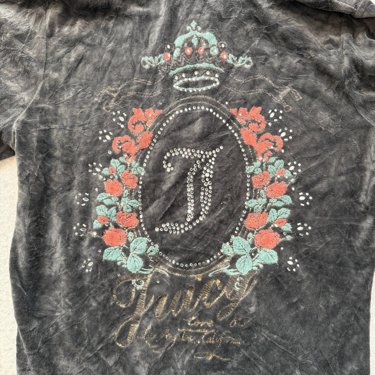 Juicy Couture Womens Charcoal Grey Velour Hoodie Rhinestone Rose Graphic Size XL