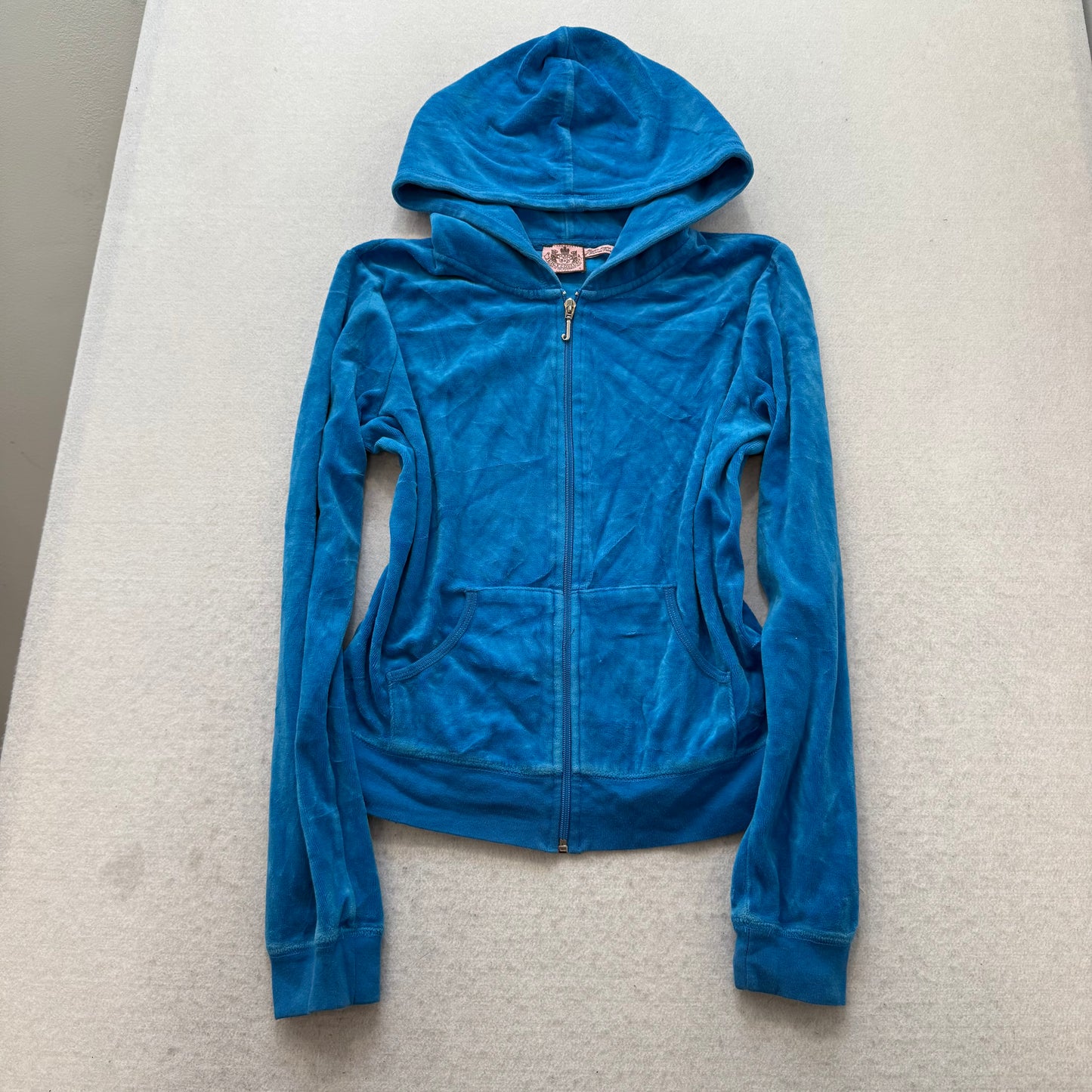 Vintage Juicy Couture Women's Blue Velour Zip Up Hoodie Loungewear Preppy Size S