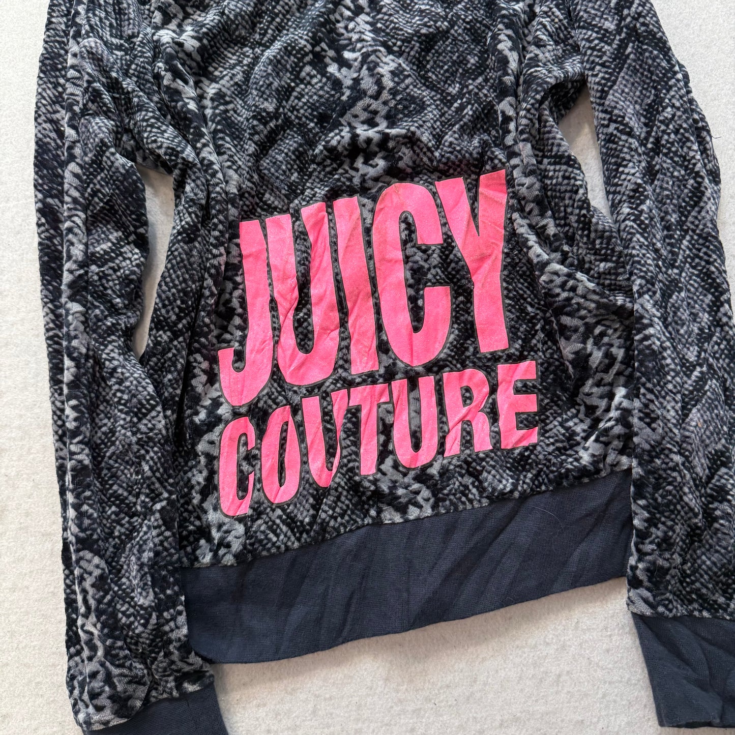 Juicy Couture Women's Black Snake Print Velour Zip-Up Hoodie Graphic Logo Size M