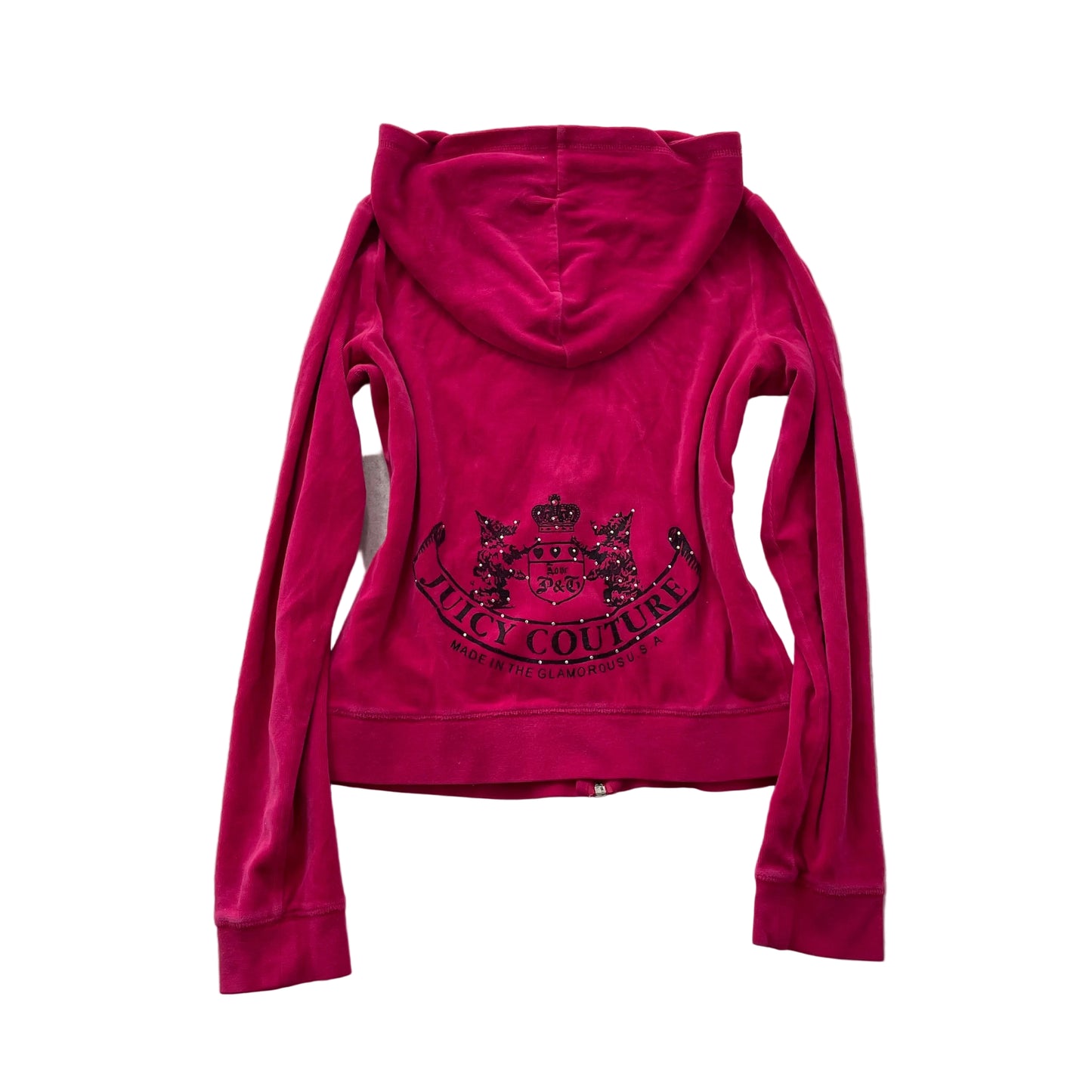 Juicy Couture Women's Raspberry Velour Zip Up Hoodie Rhinestones Logo Y2K Size M
