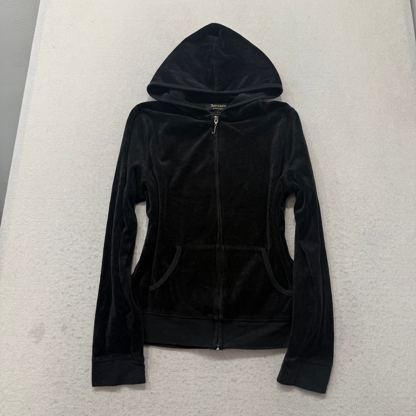 Juicy Couture What Goes Around Women's Black Velour Hoodie Glitter Print Size L