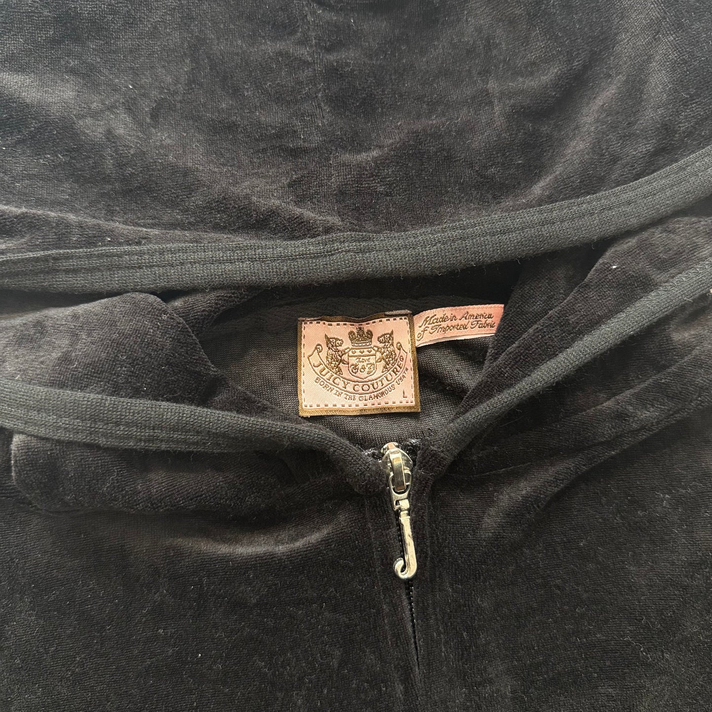 Vintage Juicy Couture Women Black Velour Zip-Up Hoodie Pockets Loungewear Size L