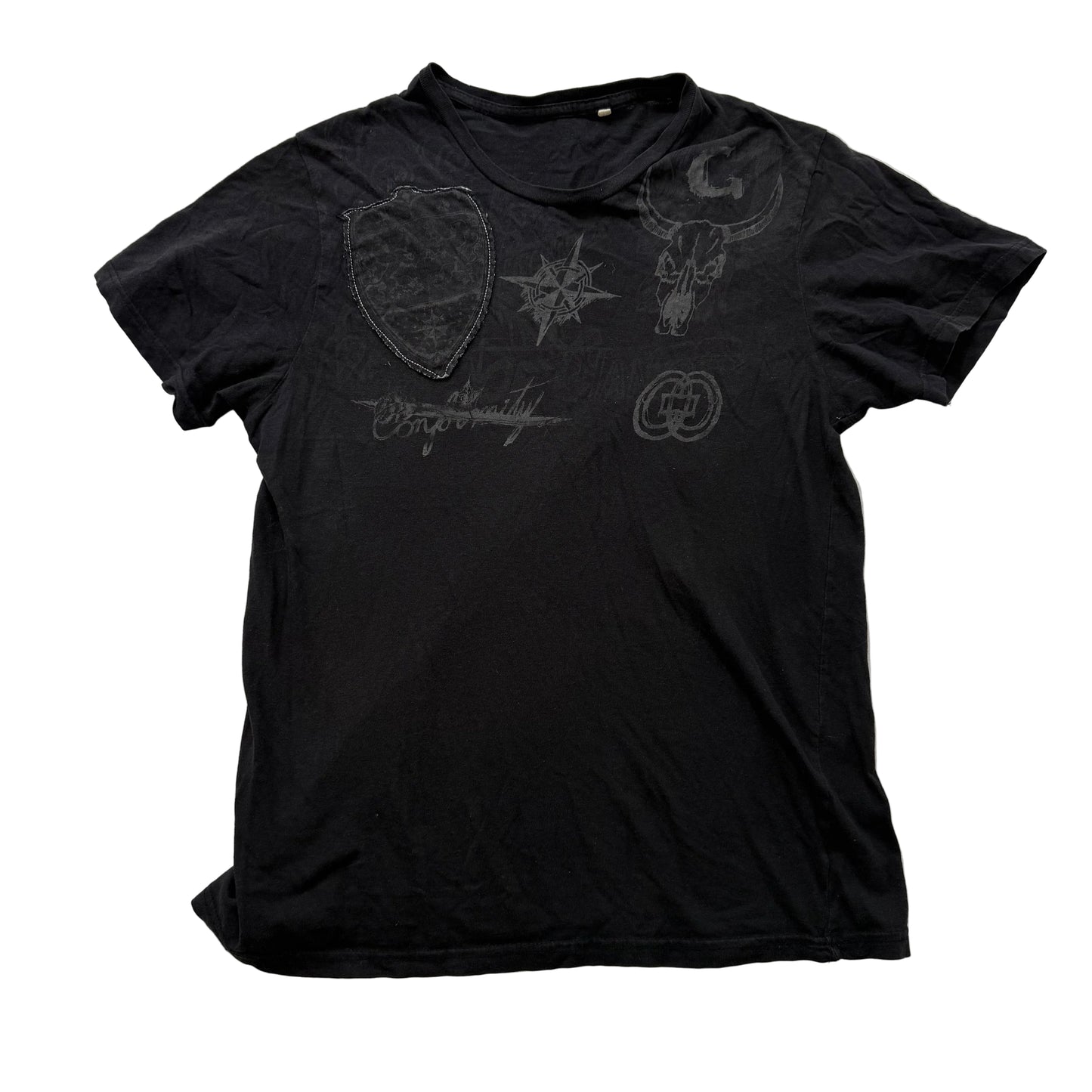 Men's Black Bull Skull, Compass & Shield Patch Graphic Short Sleeve T-Shirt