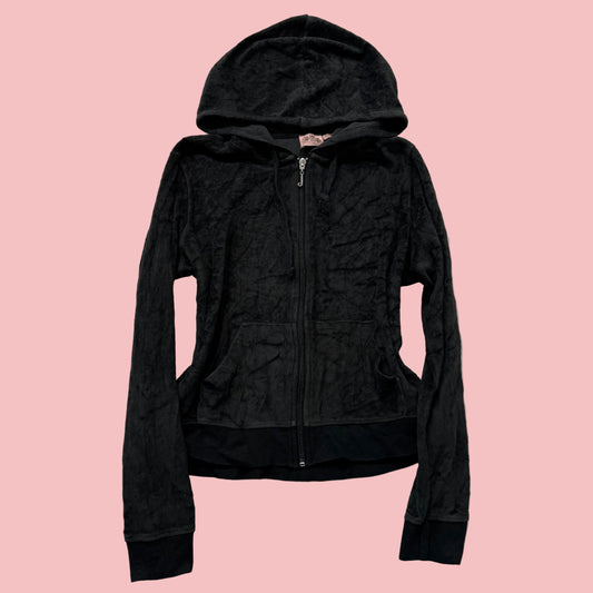 Vintage Juicy Couture Womens Charcoal Velour Zip-Up Hoodie Drawstring Y2k Size S