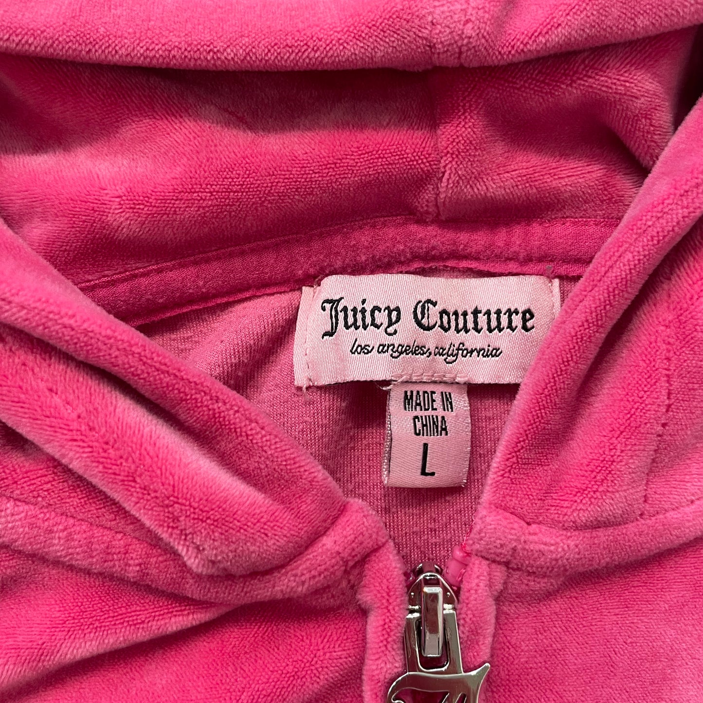 Juicy Couture Women's Pink Velour Full Zip Cropped Hoodie Rhinestone Logo Size L