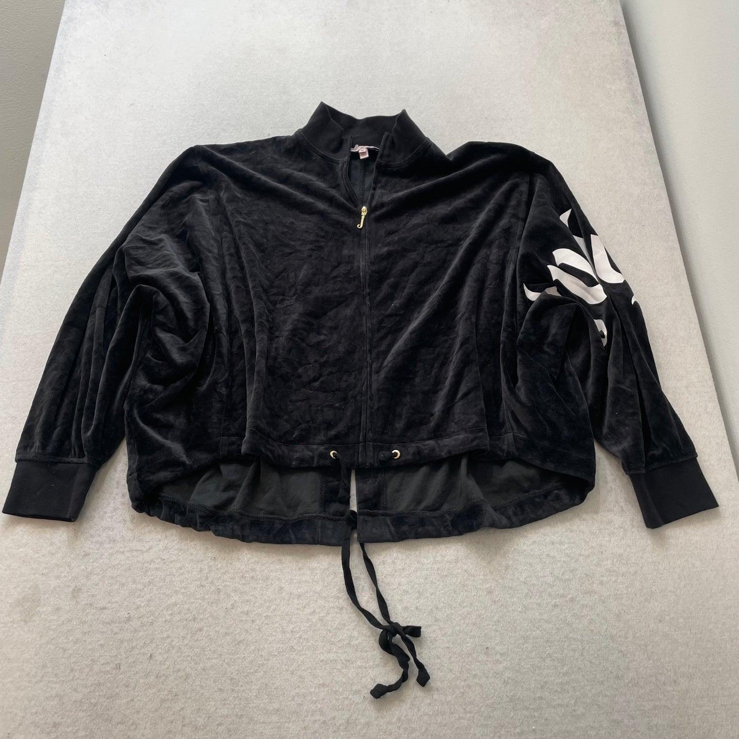 Juicy Couture Womens Black Velour Zip-Up Crop Track Jacket Drawstring Hem Size M