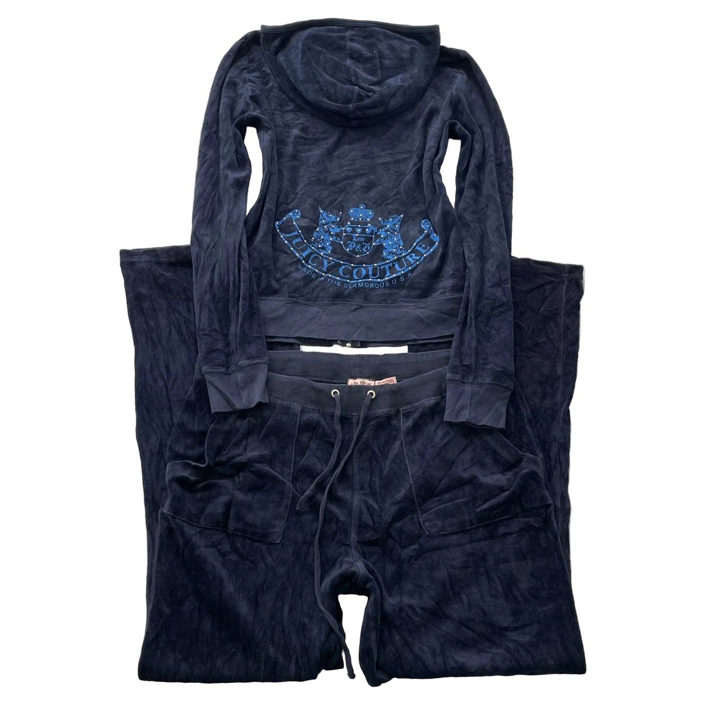 Juicy Couture Scottie Dogs Women Navy Velour Tracksuit Set Hoodie & Pant Size XL