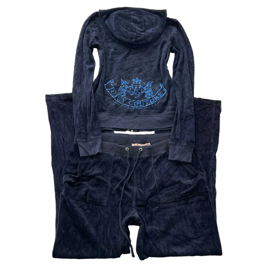 Juicy Couture Scottie Dogs Women Navy Velour Tracksuit Set Hoodie & Pant Size XL