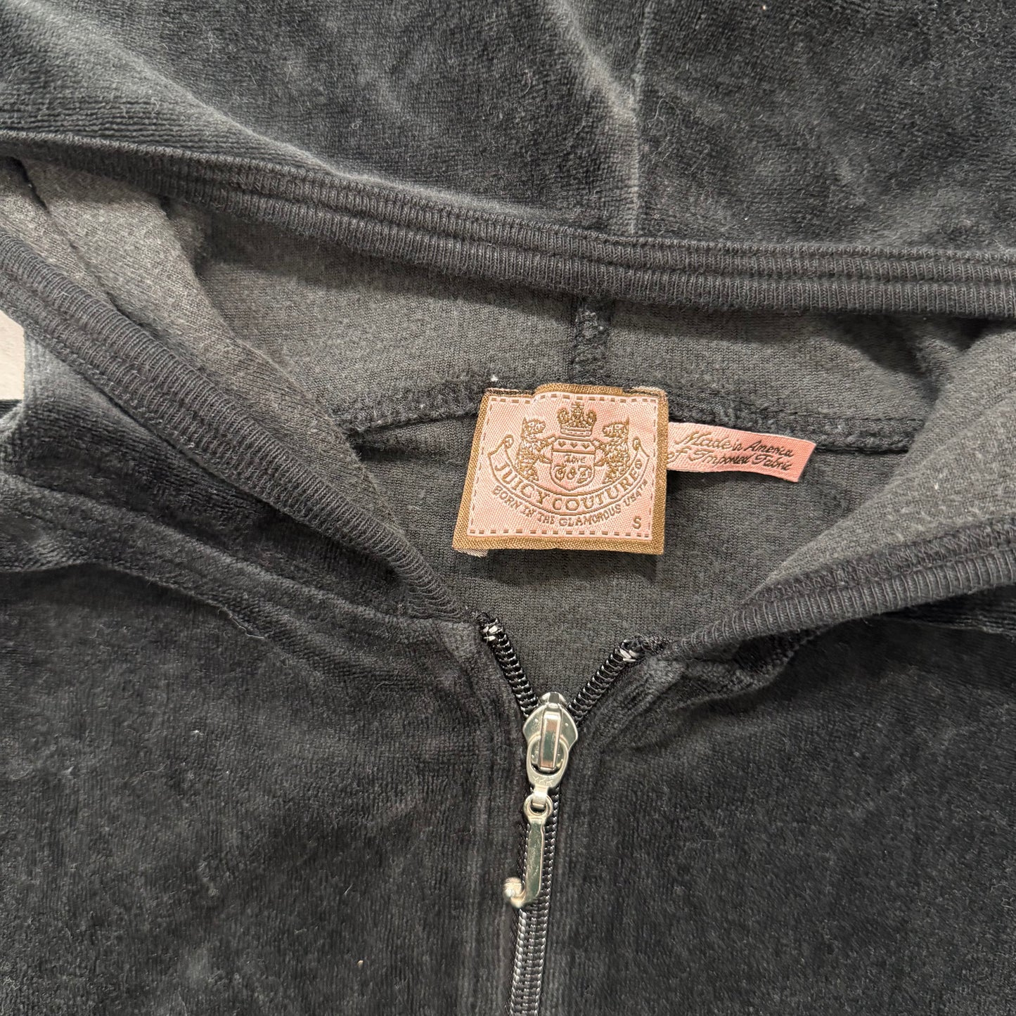 Vintage Juicy Couture Women's Jet Black Velour Full Zip Hoodie Y2k Pocket Size S