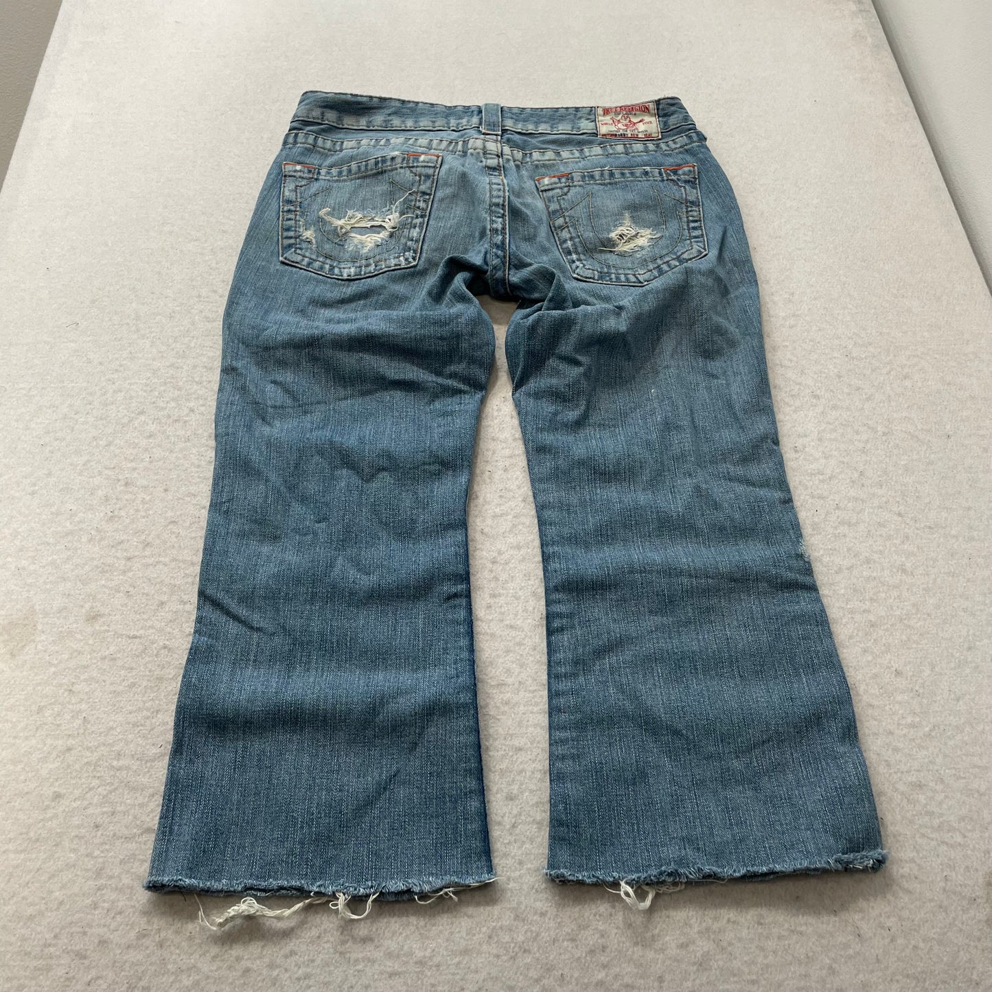 True Religion Bobby Women's Blue Denim Jeans Distressed Raw Hem USA Made Size 30