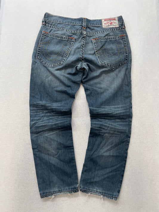 True Religion Blue Denim Jeans Straight Leg Horseshoe Stitch Back Flap Pockets Logo Patch Size 34