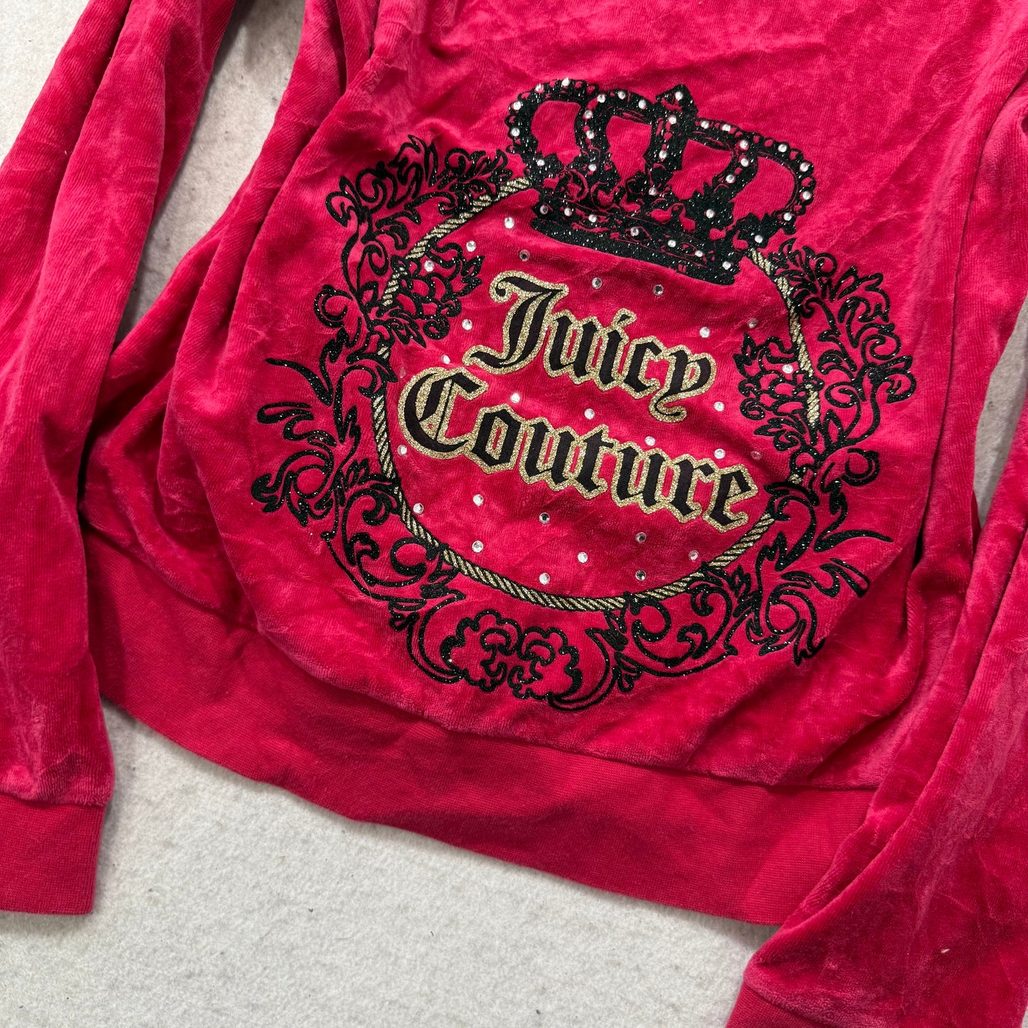 Juicy Couture Women's Dark Hot Pink Velour Hoodie Rhinestone Crown Logo Size XL