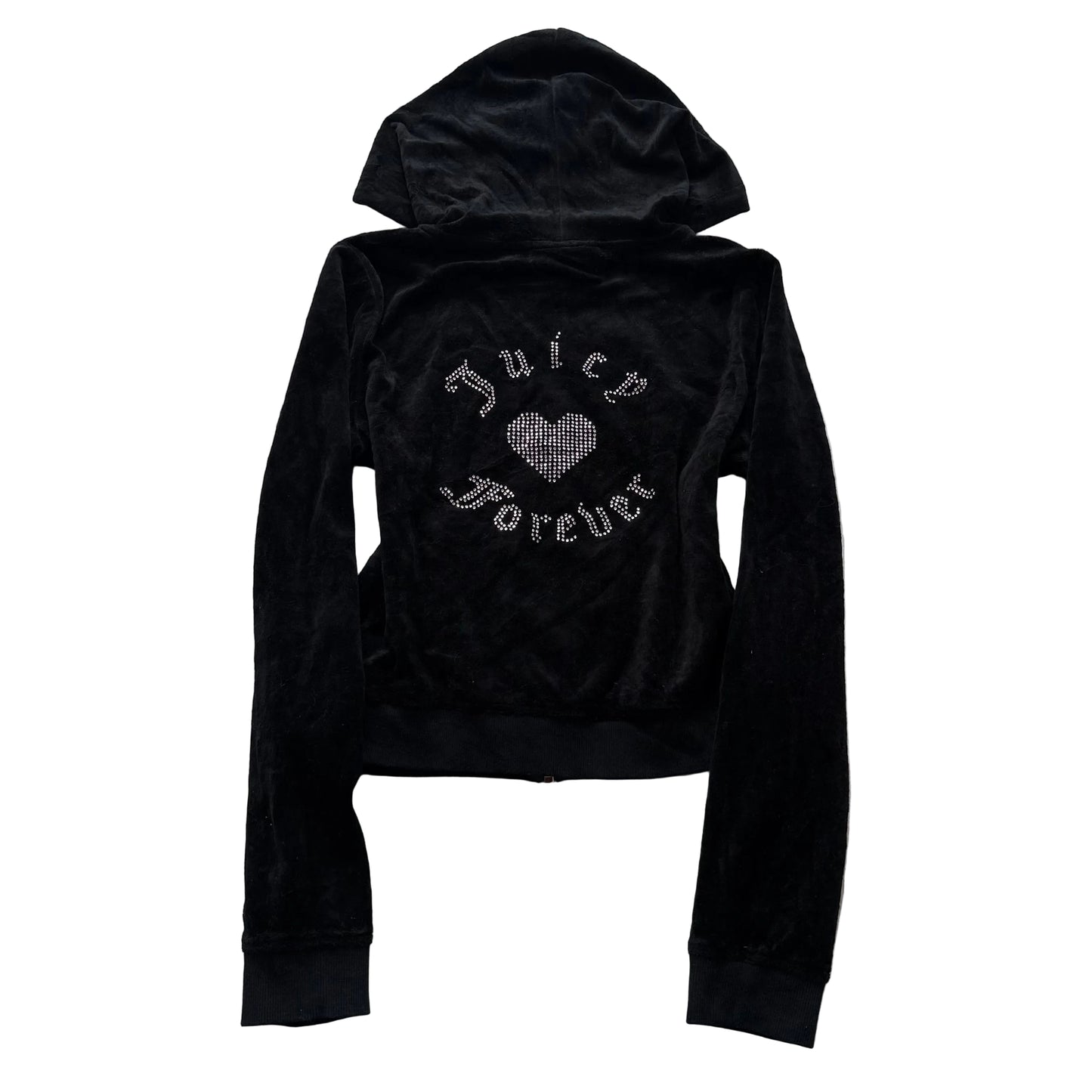 Juicy Couture Forever Women's Black Velour Zip-Up Hoodie Rhinestones Logo Size L