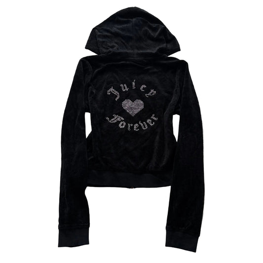 Juicy Couture Forever Women's Black Velour Zip-Up Hoodie Rhinestones Logo Size L