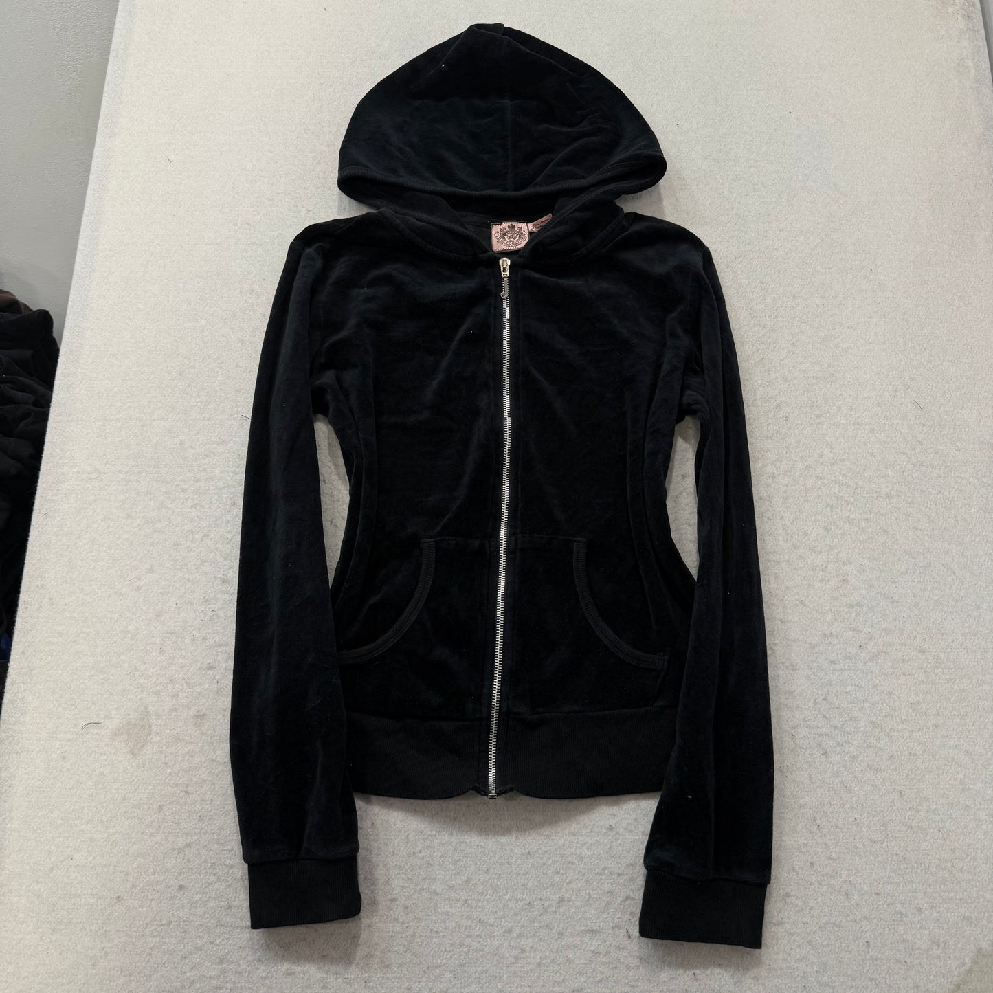Vintage Juicy Couture Women's Black Velour Zip-Up Hoodie Loungewear Logo Size L