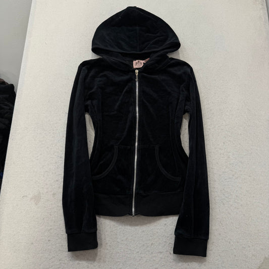 Vintage Juicy Couture Women's Black Velour Zip-Up Hoodie Loungewear Logo Size L