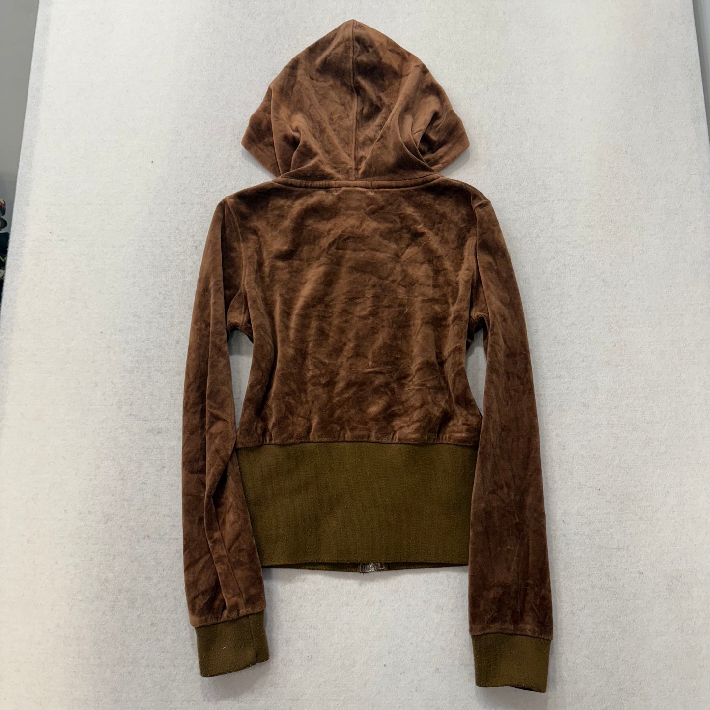 Vintage Baby Phat Womens Caramel Brown Velour Zip Up Hoodie Gold Cat Logo Size S