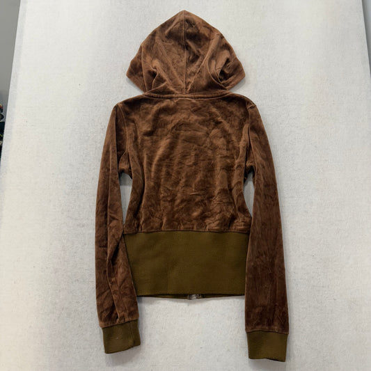 Vintage Baby Phat Womens Caramel Brown Velour Zip Up Hoodie Gold Cat Logo Size S