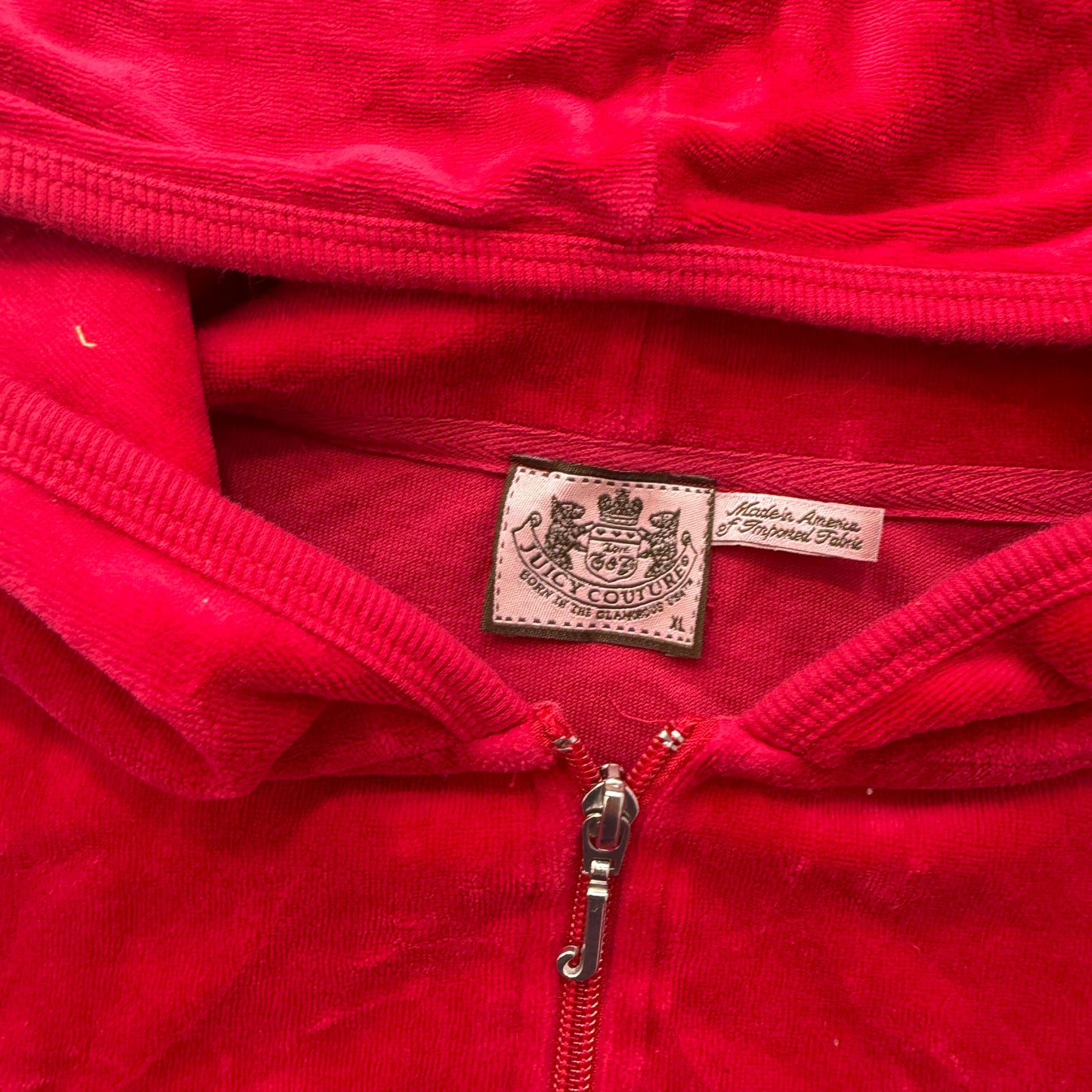 Juicy Couture Women Red Velour Tracksuit Set Zip-Up Hoodie & Flared Pant Size XL