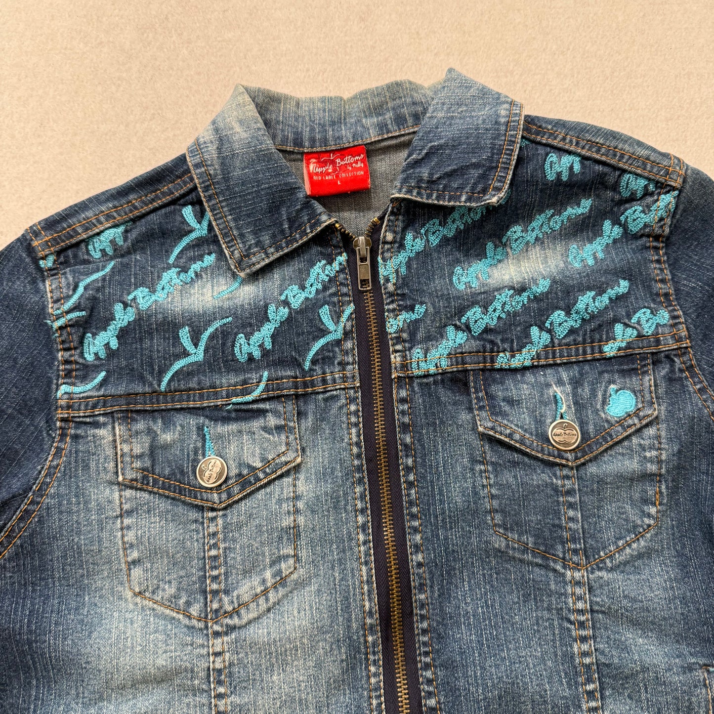 Apple Bottoms by Nelly Womens Denim Zip Up Cropped Jacket Spellout Design Size L