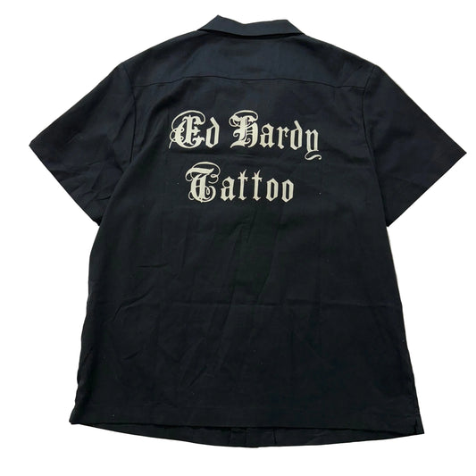 Ed Hardy Tattoo Black Button Up Shirt Dragon Wing Embroidery Short Sleeve XL