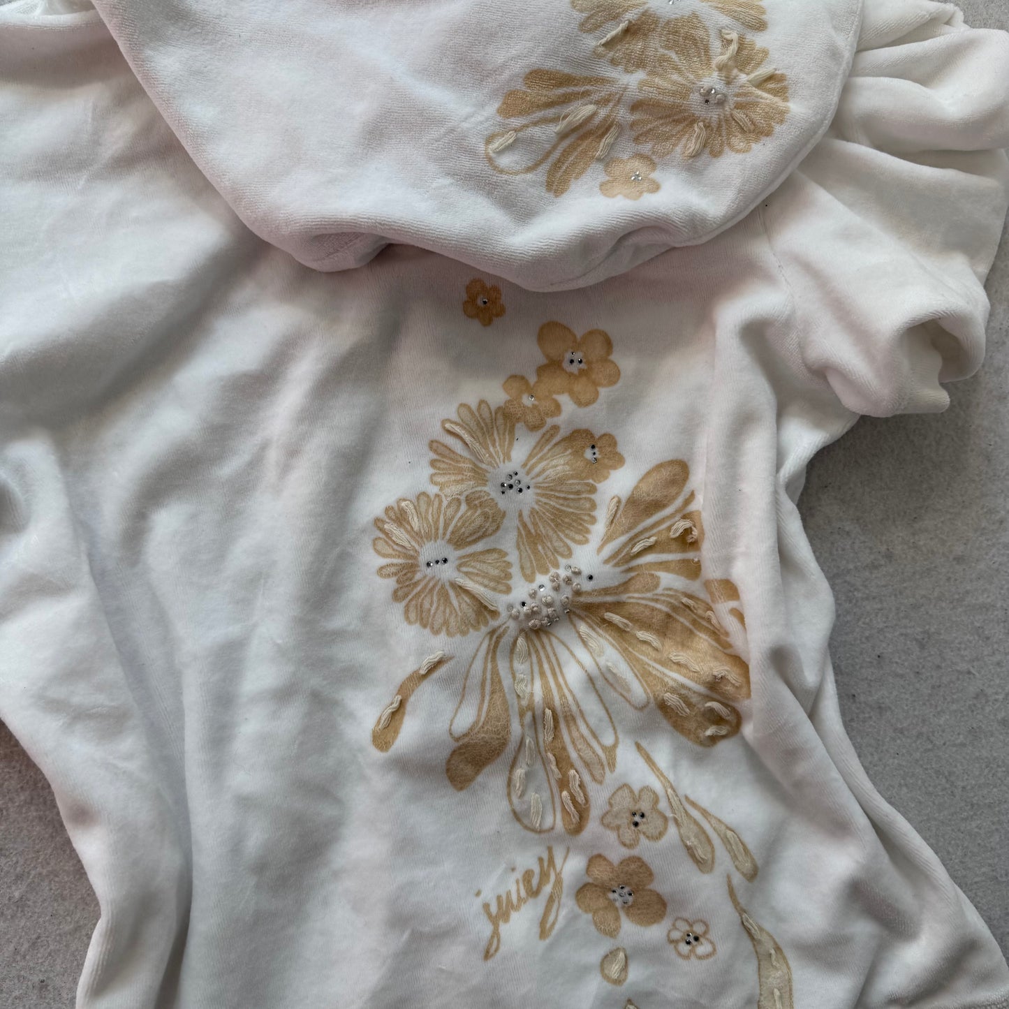 RARE Juicy Couture Womens White Velour Short Sleeve Floral Zip-Up Hoodie Size XL