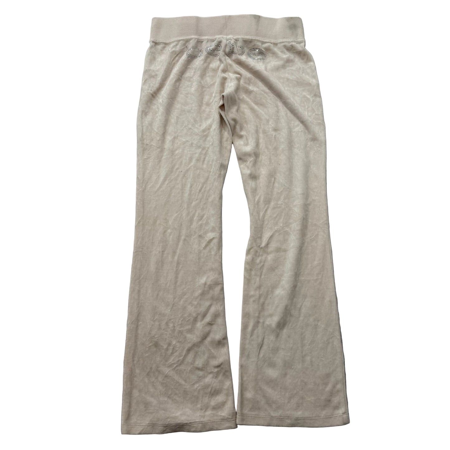 Bebe Women's Cream Velour Flared Track Pant Rhinestones Logo Loungewear Size S