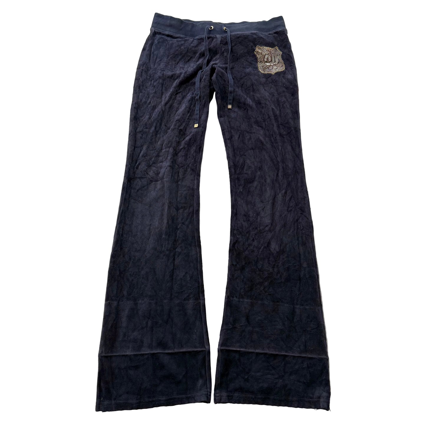 Vintage Juicy Couture Women's Navy Velour Flared Track Pant Studded Logo Size S