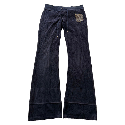 Vintage Juicy Couture Women's Navy Velour Flared Track Pant Studded Logo Size S