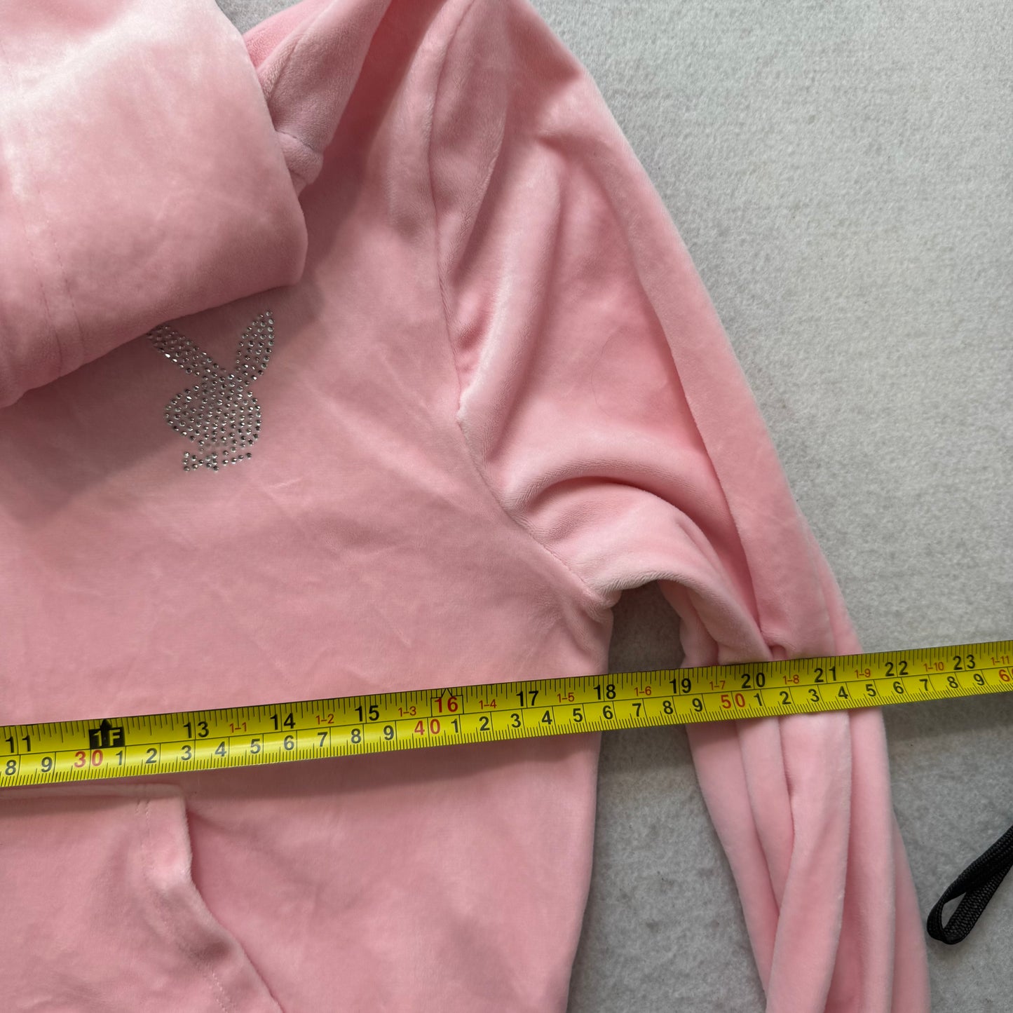 Playboy Womens Pink Velour Zip Up Cropped Fit Hoodie Rhinestones Logo Y2K Size M