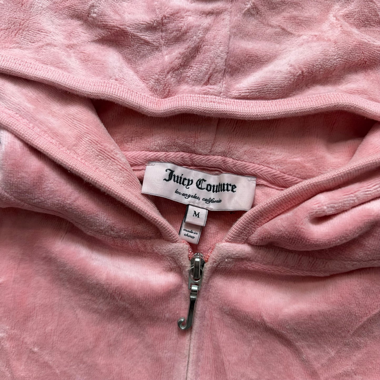 Juicy Couture Women's Pink Velour Zip-Up Hoodie Back Beach Sunset Graphic Size M