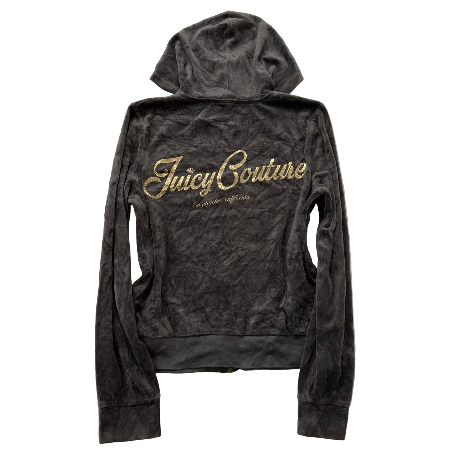 Juicy Couture Women's Charcoal Velour Zip-Up Hoodie Pockets Graphic Logo Size L