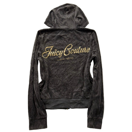 Juicy Couture Women's Charcoal Velour Zip-Up Hoodie Pockets Graphic Logo Size L