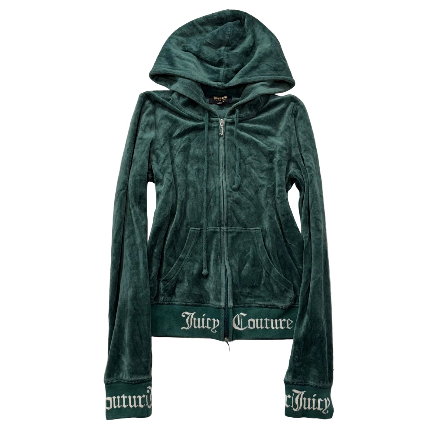 Juicy Couture Womens Dark Green Velour Zip-Up Hoodie Black Label Pockets Size XS