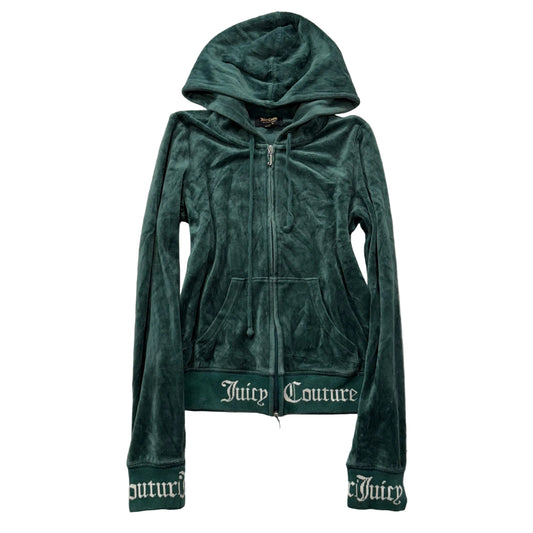 Juicy Couture Womens Dark Green Velour Zip-Up Hoodie Black Label Pockets Size XS