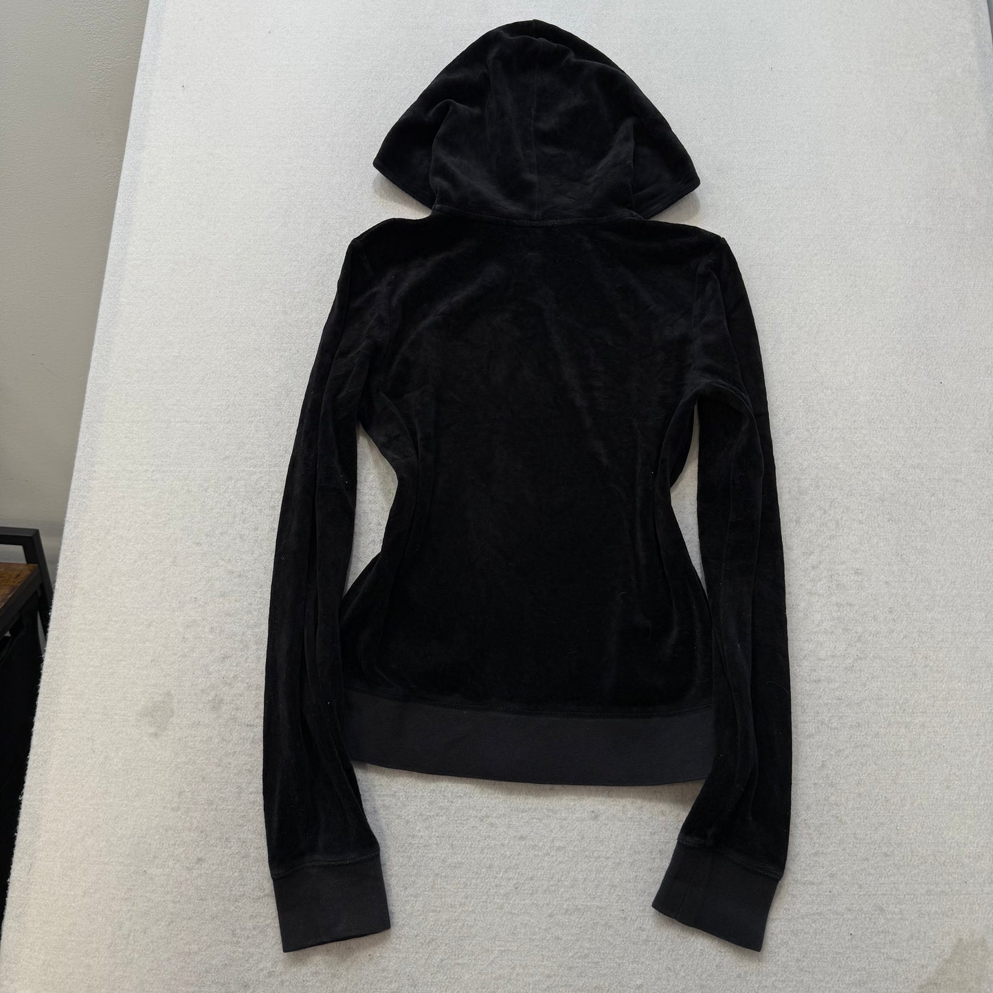 Juicy Couture Women's Jet Black Velour Zip Up Hoodie Kangaroo Pocket Logo Size M