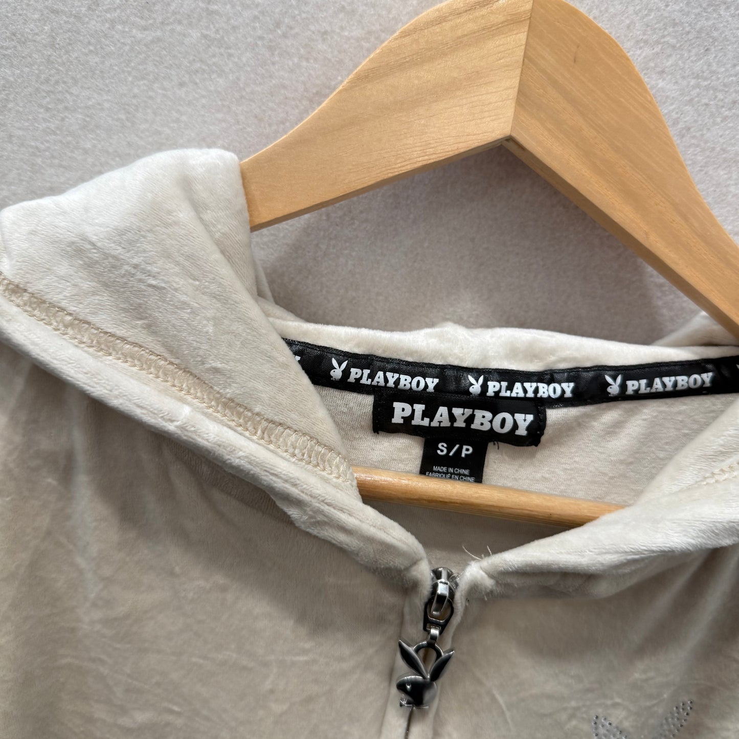 Playboy Women's Ivory Velour Zip-Up Cropped Hoodie Rhinestone Bunny Logo Size S