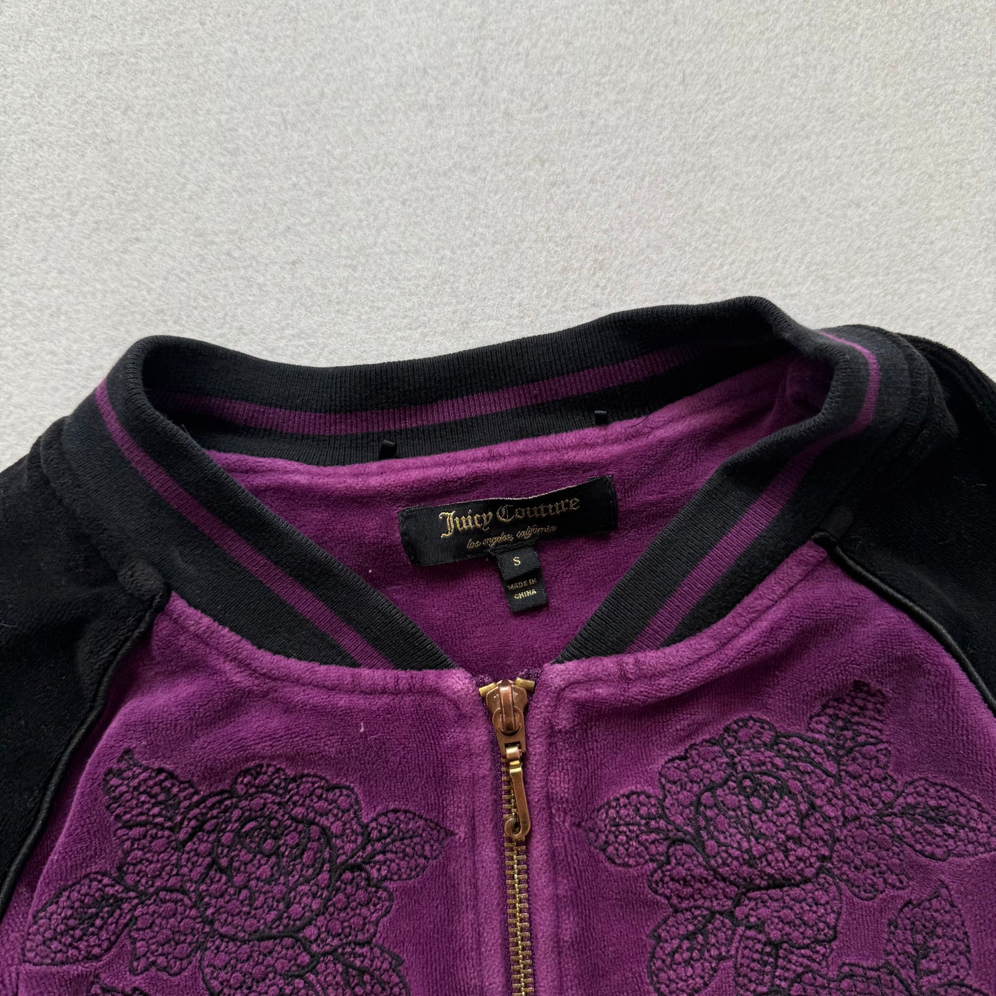 Juicy Couture Women Purple Black Velour Two Tone Floral Embroidery Jacket Size S
