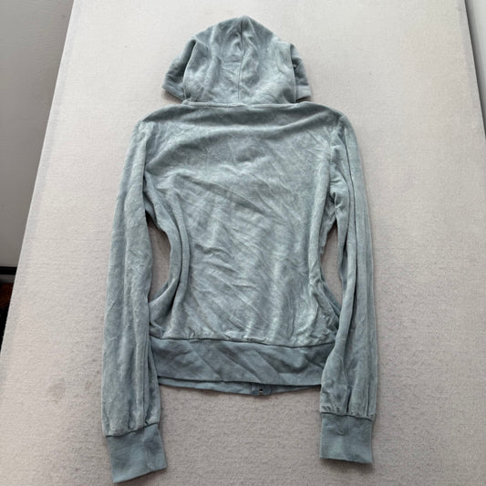 Vintage Juicy Couture Women's Misty Teal Velour Zip-Up Hoodie Drawstring Size L
