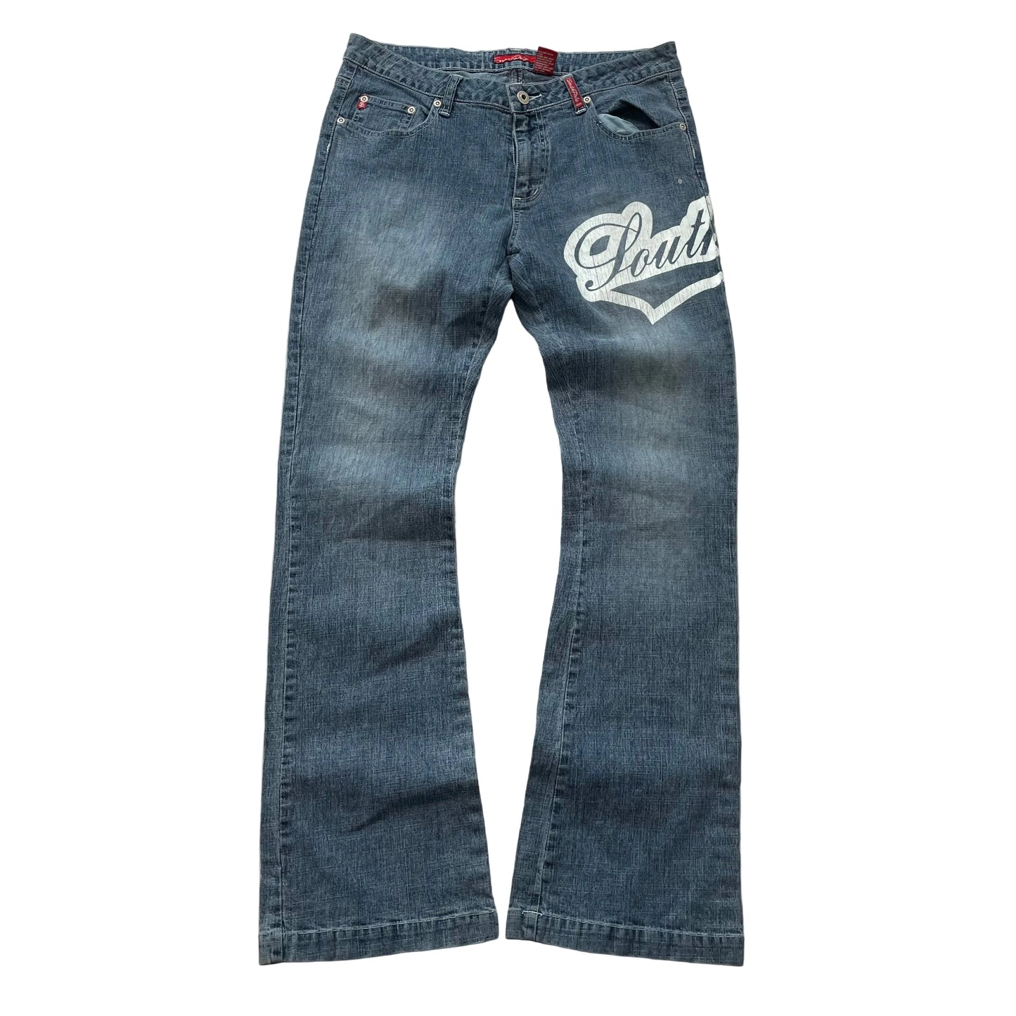 South Pole Junior Collection Blue Denim Flare Jeans Graphic Script Logo Size 13