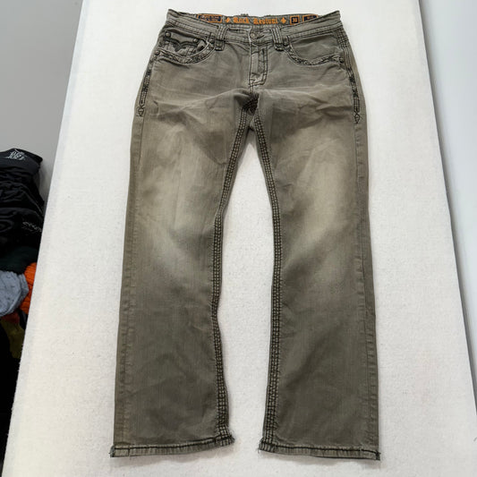 Rock Revival Men Taupe Denim Straight Jeans Inverted Fleur-de-Lis Pocket Size 36