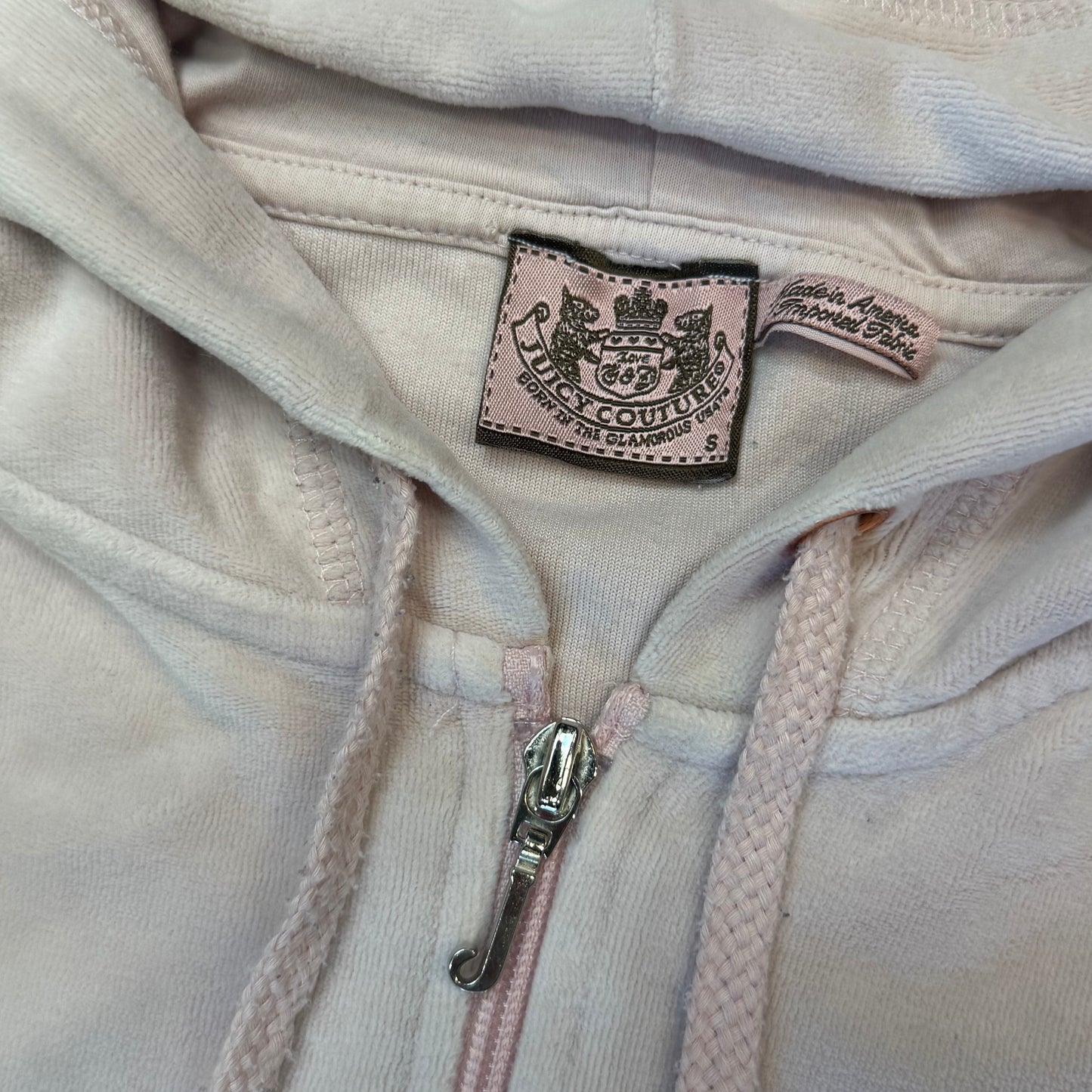 Vintage Juicy Couture Women's Light Pink Velour Zip-Up Hoodie Drawstring Size S