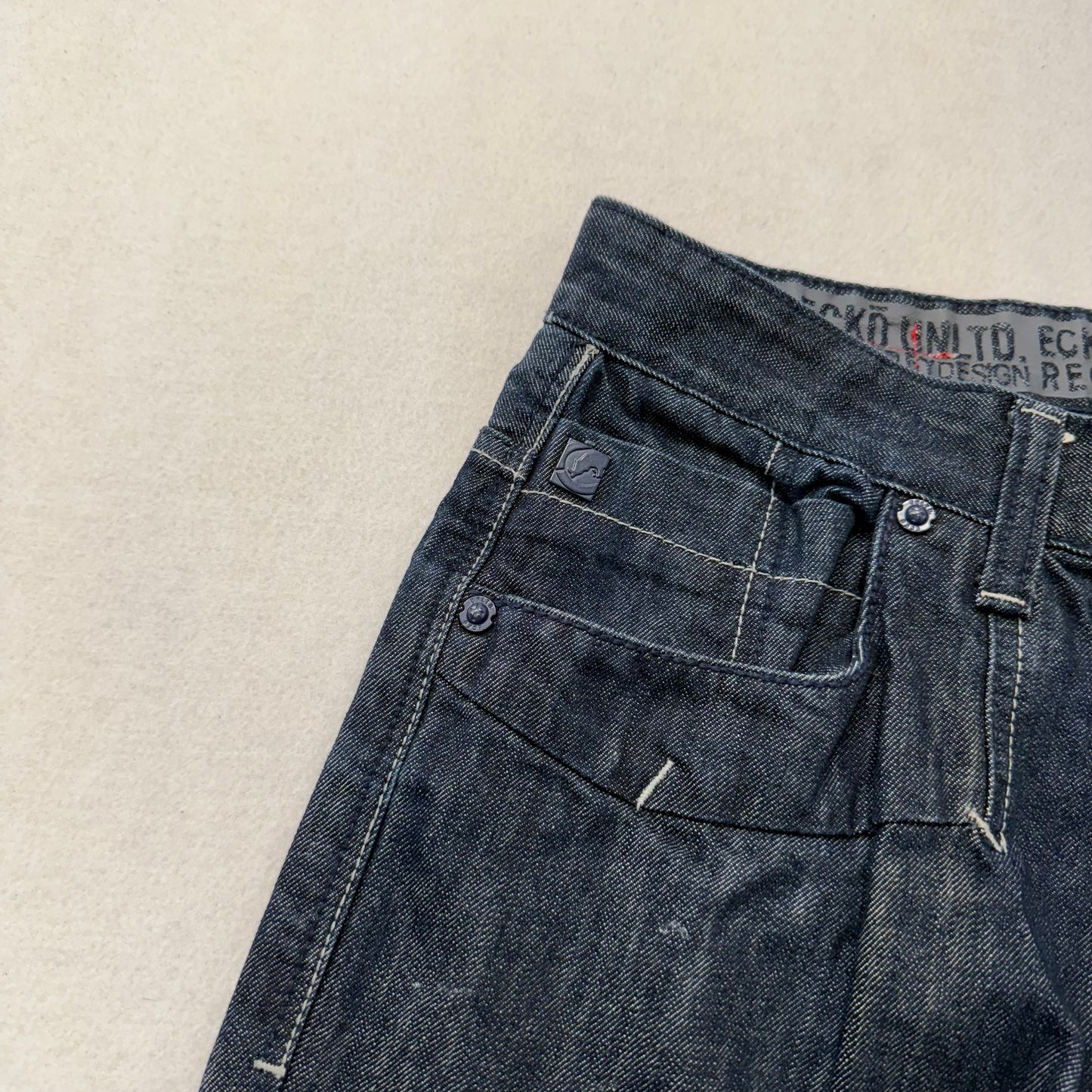 Ecko Unltd Men's Dark Indigo Raw Denim Wide Leg Baggy Jeans Streetwear Size 34
