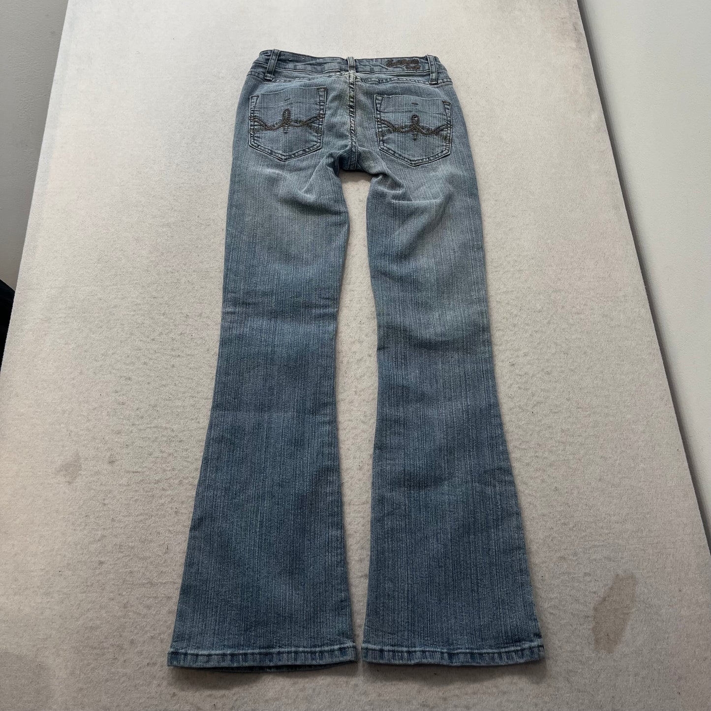 Bubblegum Women's Blue Denim Flare Leg Jeans Low Rise Embroidered Y2K Size 3/4