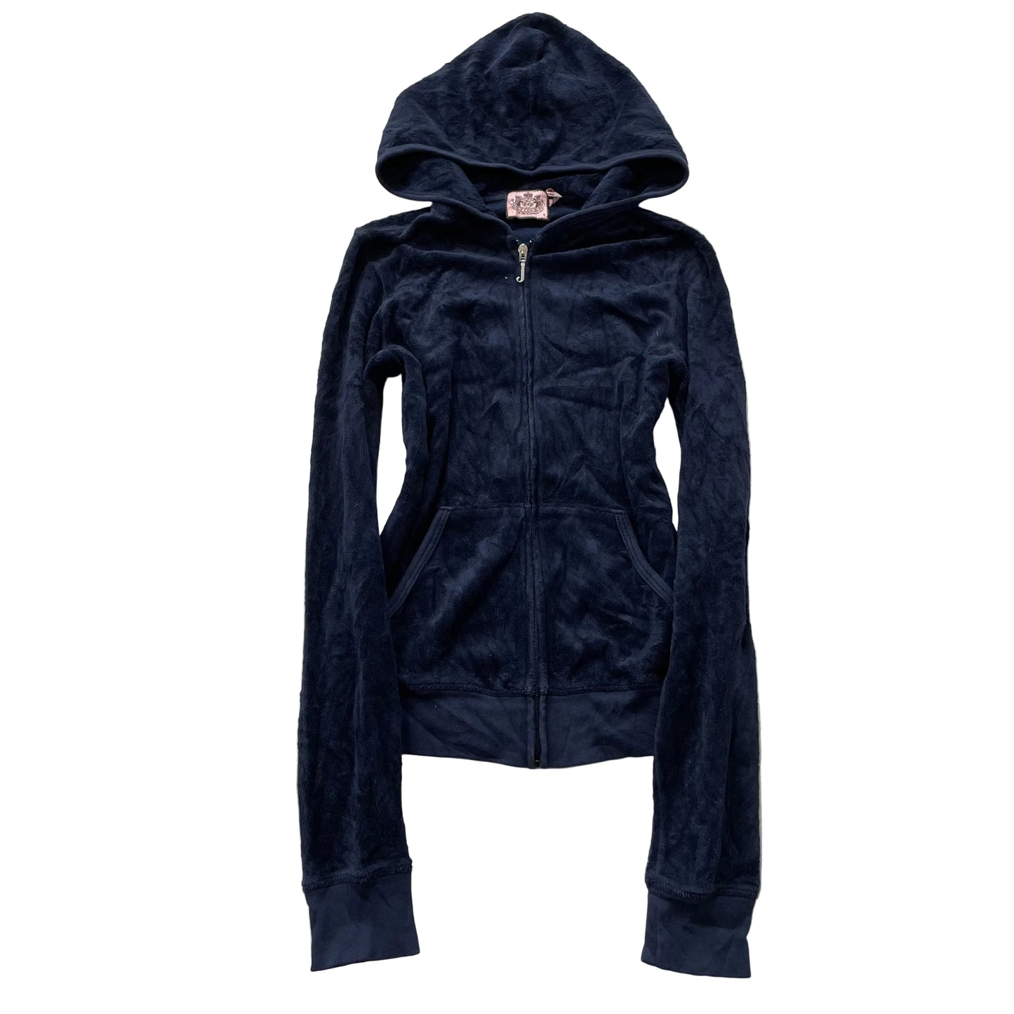 Vintage Juicy Couture Womens Navy Velour Zip-Up Hoodie Pockets Streetwear Size S