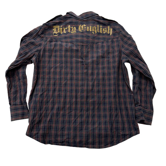 Vintage Juicy Couture Dirty English Plaid Button Up Gold Back Print XL Mens