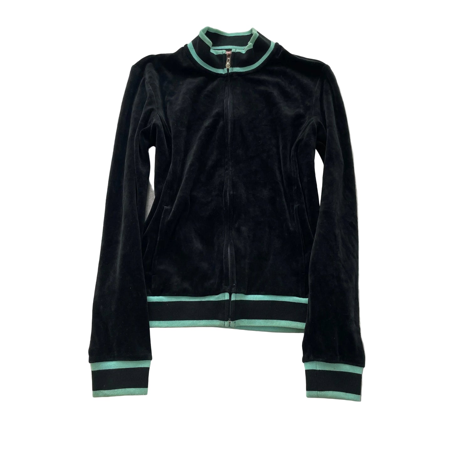 Vintage Juicy Couture Women Black Velour Zip-Up Track Jacket Teal Striped Size S